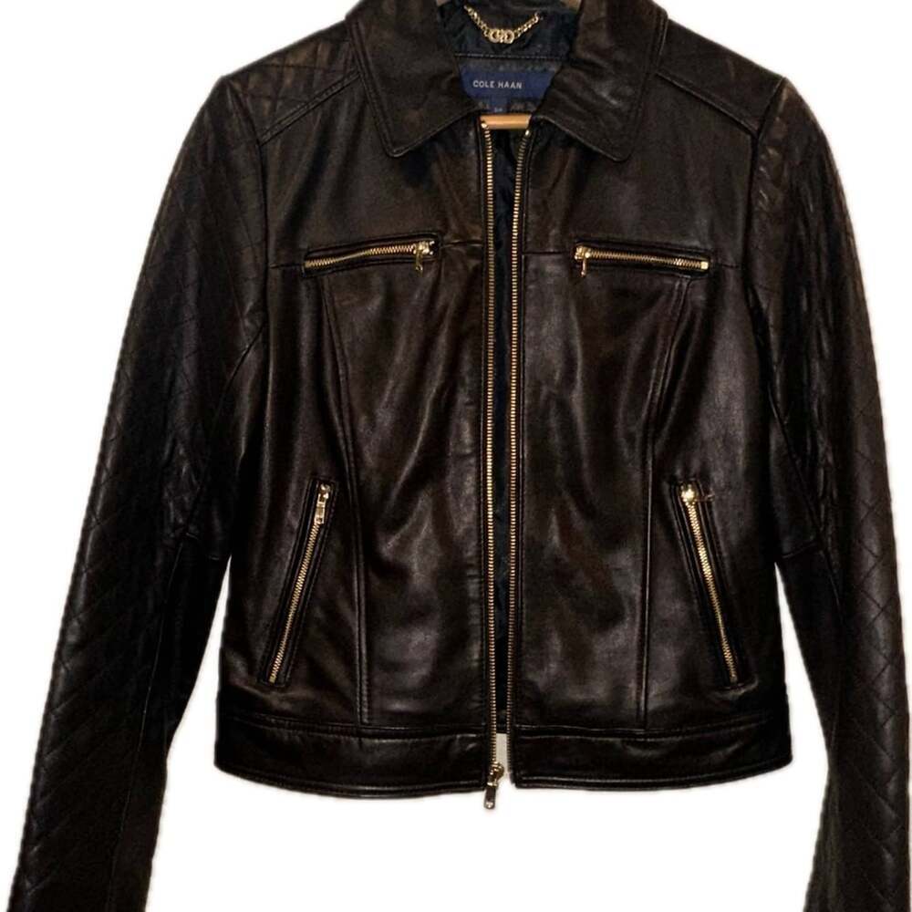 Cole Haan Women's Motorclyle Black Leather Jacket Size Small